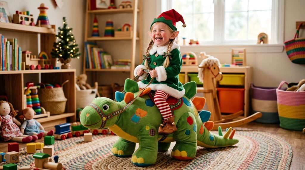 'funny elf on the shelf riding dinosaur idea'