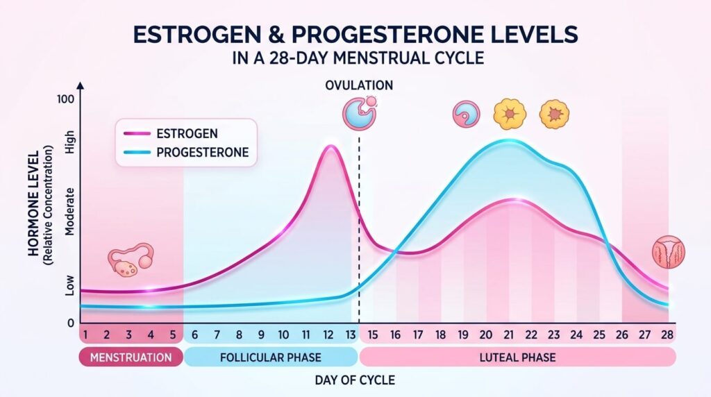 Graph of estrogen and progesterone levels throughout the menstrual cycle showing ovulation point