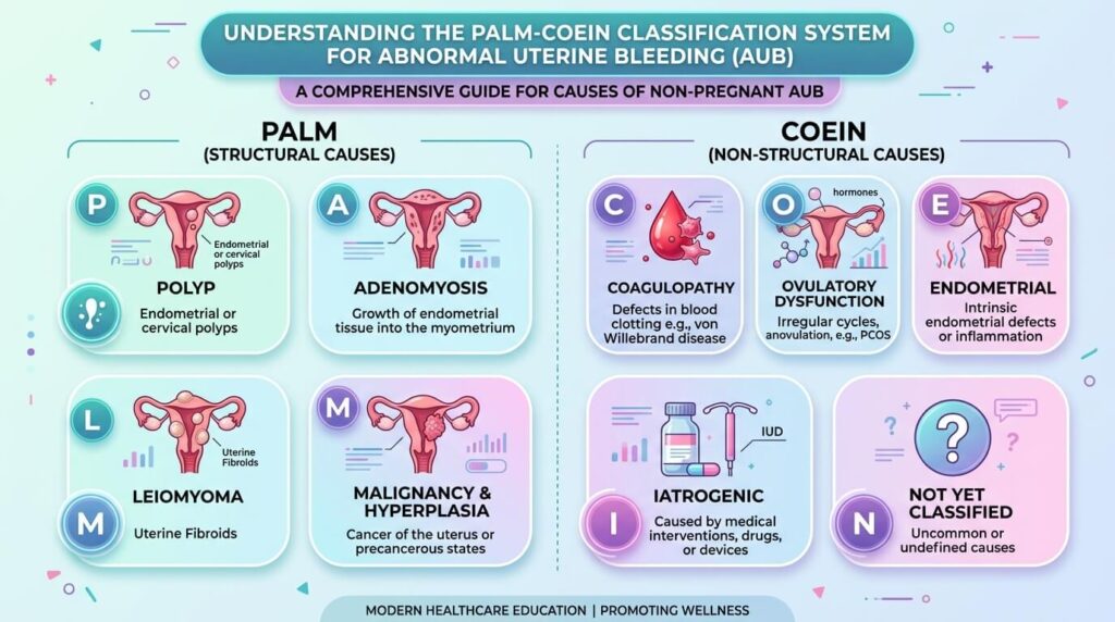 Infographic explaining the PALM-COEIN classification of abnormal uterine bleeding causes