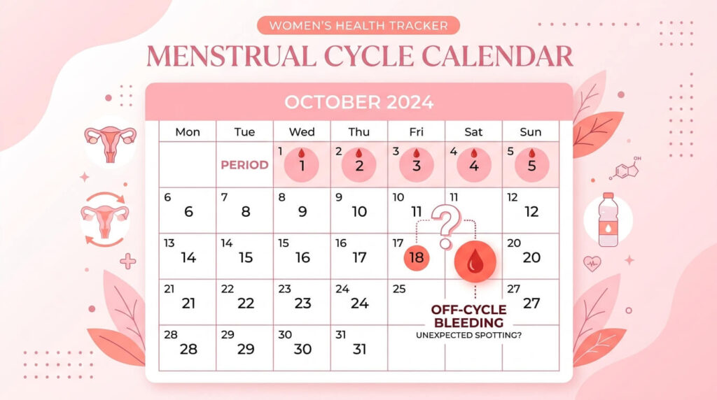 Calendar illustrating unexpected bleeding between expected period dates