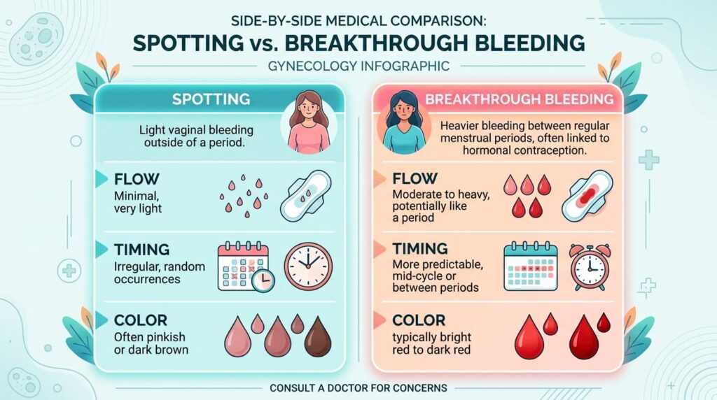Table comparing characteristics of spotting vs breakthrough bleeding between periods