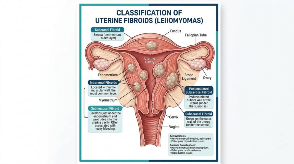 Uterus diagram showing locations of different types of uterine fibroids