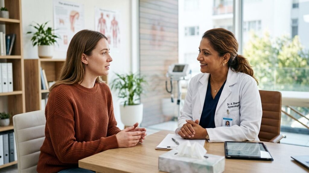 Woman discussing abnormal bleeding symptoms with her gynecologist