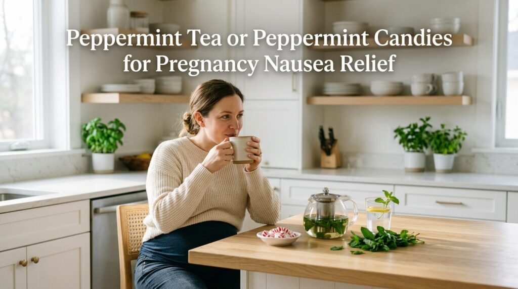 Pregnant woman sitting in a bright, peaceful kitchen, holding a warm cup of peppermint tea while a small dish of peppermint candies rests on the table beside her. Fresh peppermint leaves, a teapot, and a glass of water are arranged neatly nearby. She has a calm, refreshed expression, emphasizing natural relief from pregnancy nausea and morning sickness. Soft natural sunlight, soothing wellness atmosphere, healthy pregnancy comfort theme, ultra-realistic photography, high detail, clean modern setting, professional health blog style, vertical composition, text overlay “Peppermint Tea or Peppermint Candies for Pregnancy Nausea Relief”.